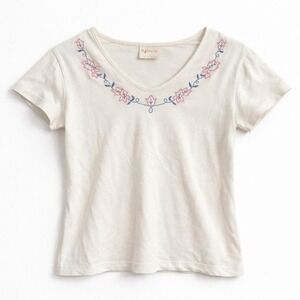 Vtg Aileen Women Cream V-Neck Embroidered Floral Tee M USA Coquette Cottagecore
